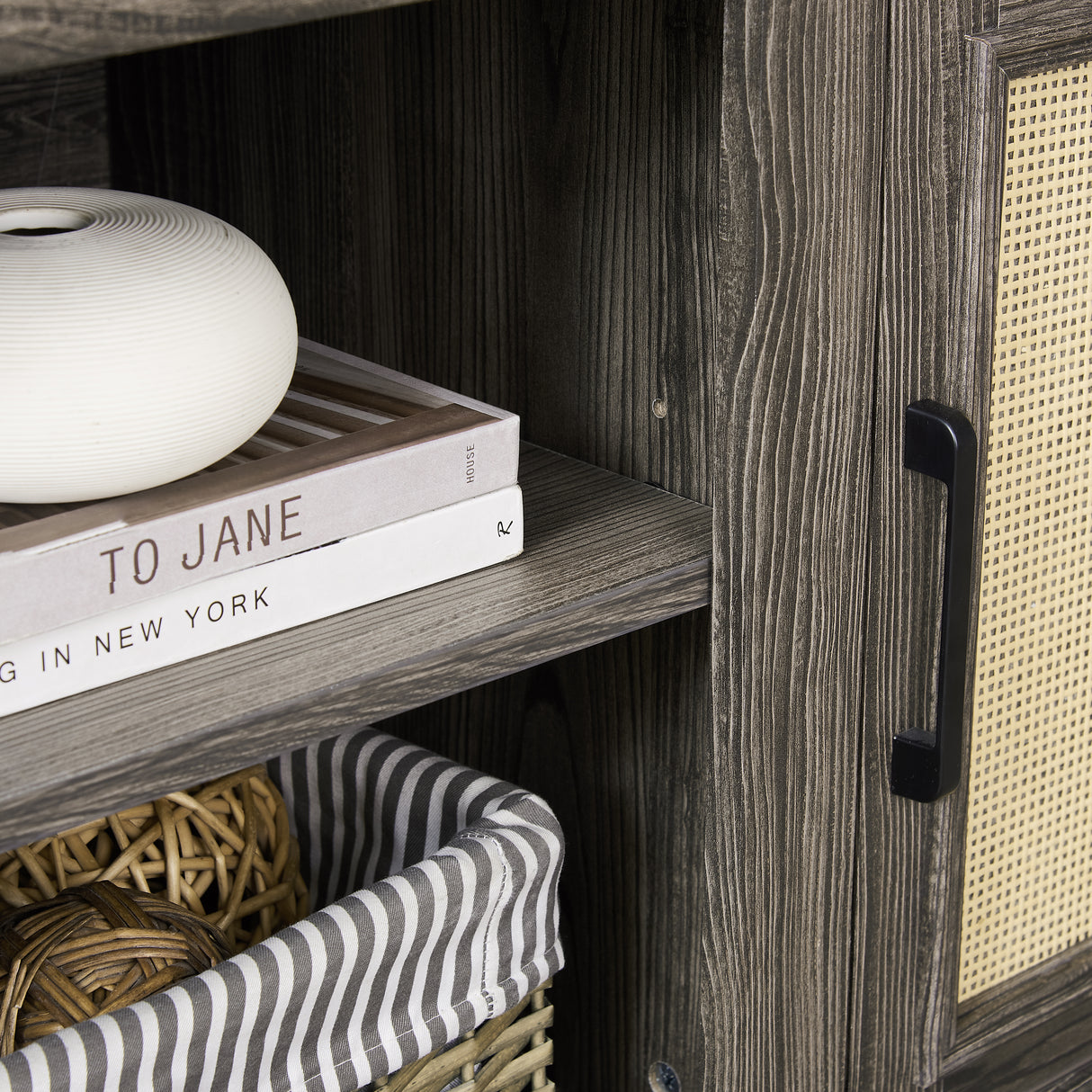 Vine TV stand console table, suitable for TVs under 70 inches, equipped with 2 storage shelves and 2 natural rattan doors, gray - V.I.P Digital Presence