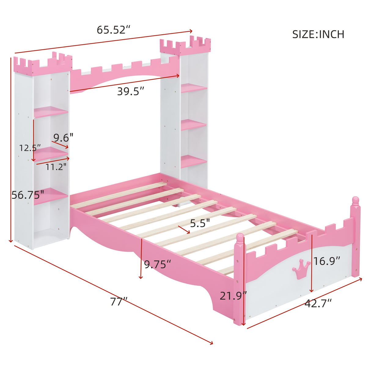 Castle-Shaped Wooden Bed with Storage Shelf, Dreamy Twin Size Platform Bed for Kids Bedroom, White + Pink - V.I.P Digital Presence