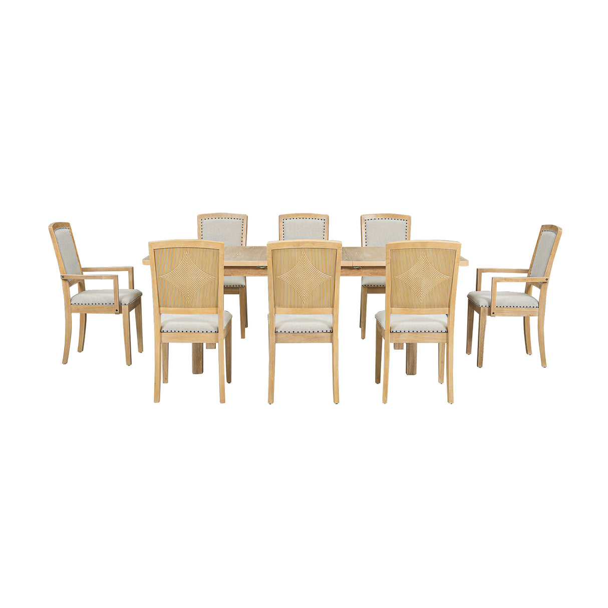 TOPMAX expandable 84 inch dining table set with 24 inch detachable leaves, 6 armless chairs and 2 armchairs 9 pieces natural
