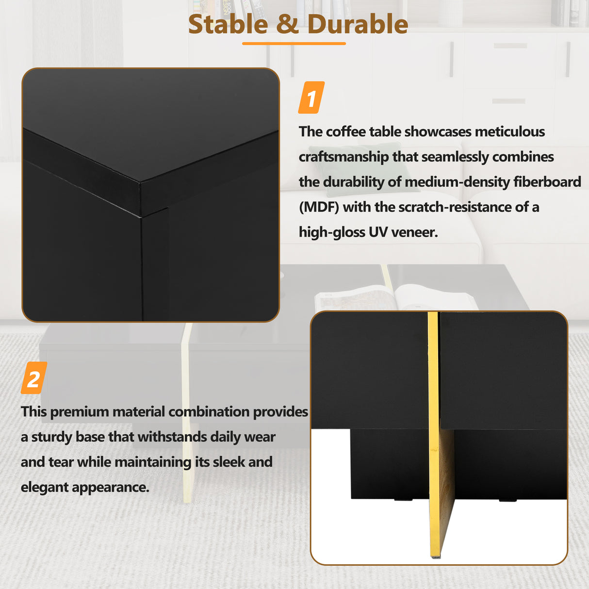 ON-TRANS 47.2 inch x 31.4 inch multifunctional rectangular sofa table with 2 drawers and gold wood grain leg center table, black - V.I.P Digital Presence