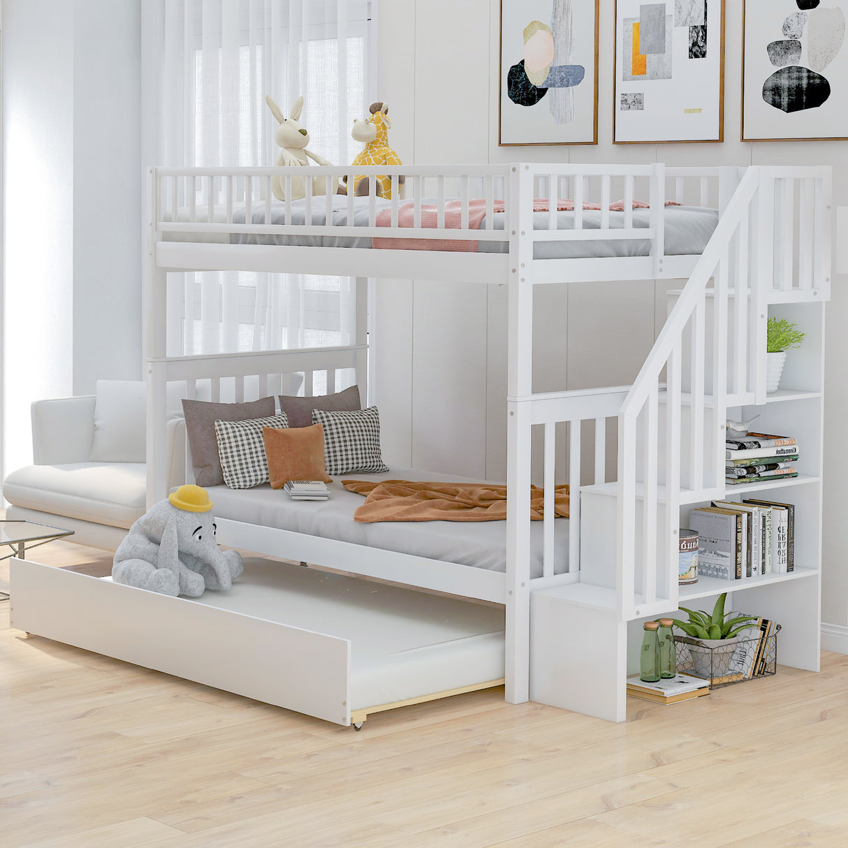 Twin over Twin Bunk Bed with Trundle and Storage White