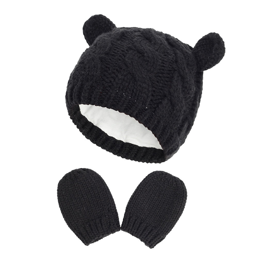 New Baby Kids Girls Boys Winter Warm Knit Hat Ear Solid Warm Cute Glove 2pcs Lovely Beanie Cap 0-18M - V.I.P Digital Presence