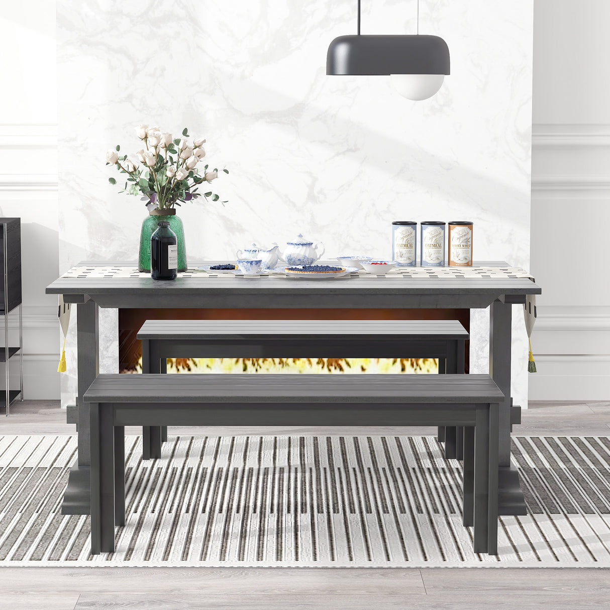 TREXM 3-piece retro cutlery set, rectangular stand table, and 2 wooden stools for 4 people (gray) - V.I.P Digital Presence