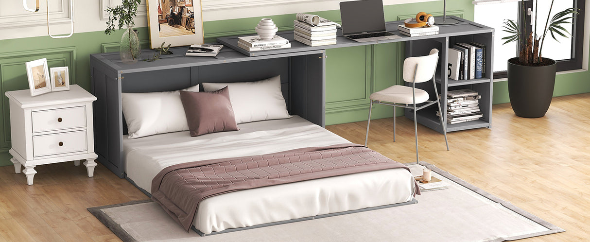 Queen Size Murphy Bed with Rotable Desk Gray