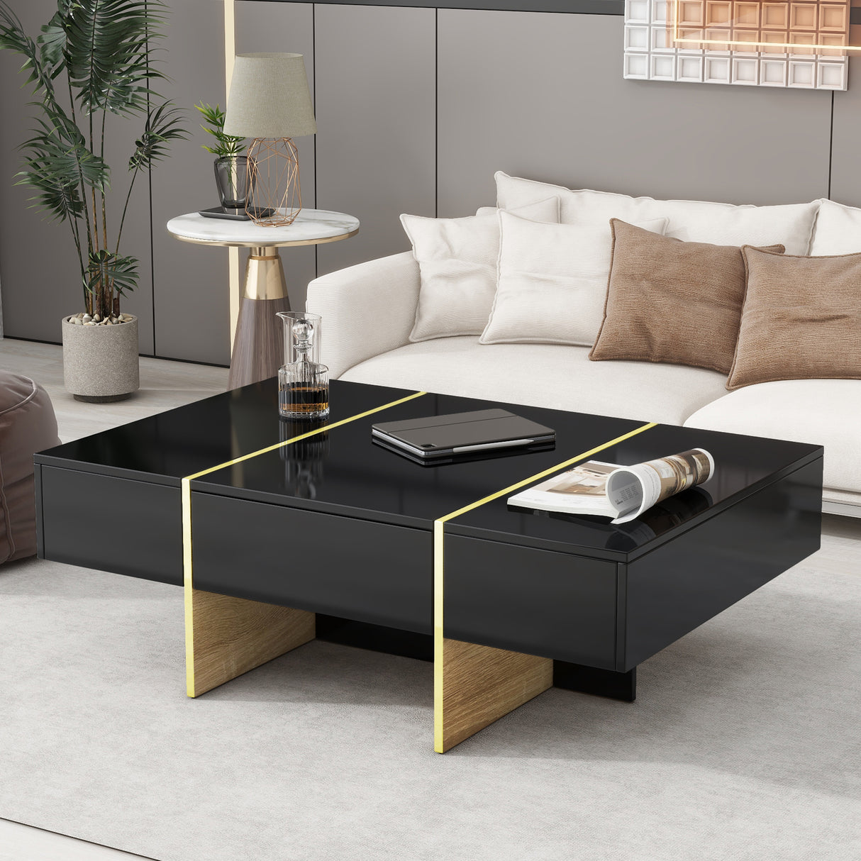 ON-TRANS 47.2 inch x 31.4 inch multifunctional rectangular sofa table with 2 drawers and gold wood grain leg center table, black - V.I.P Digital Presence