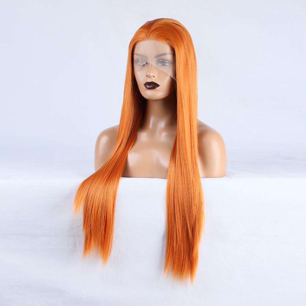 Long Straight Hair 13*2.5 Orange Chemical Fiber Front Lace Wig Head Cover Natural Hairline - V.I.P Digital Presence