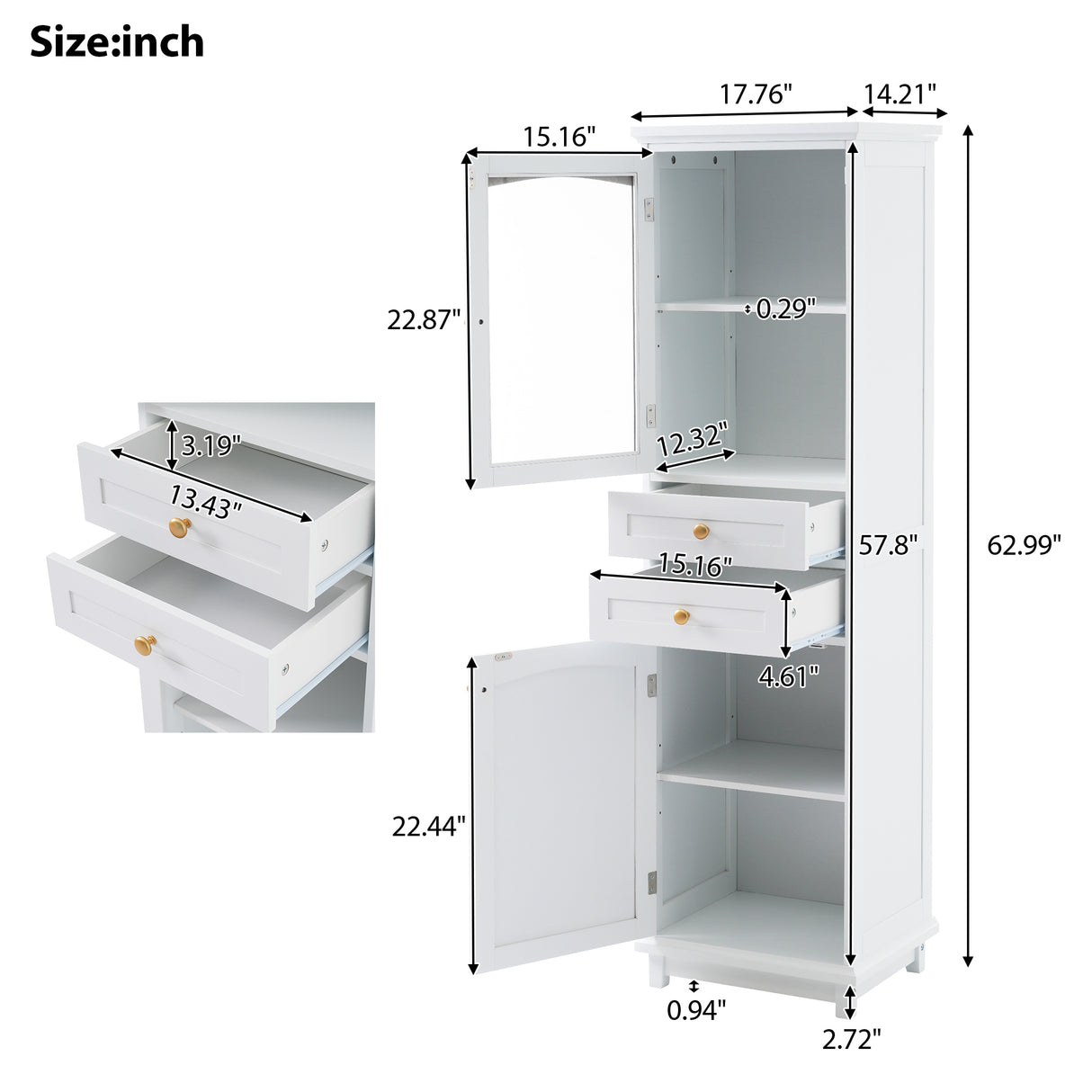 High bathroom storage cabinet with glass door, freestanding, two drawers and adjustable shelves, MDF board, painted white - V.I.P Digital Presence