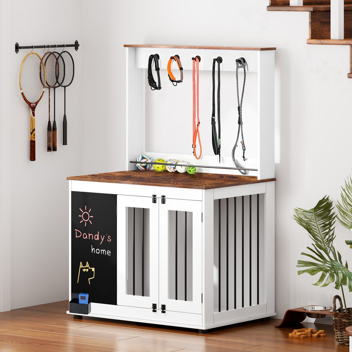 Dog crate,Graffiti dog cage, kennel with double doors, crate interior furniture, heavy wooden dog cage, large dog, white - V.I.P Digital Presence