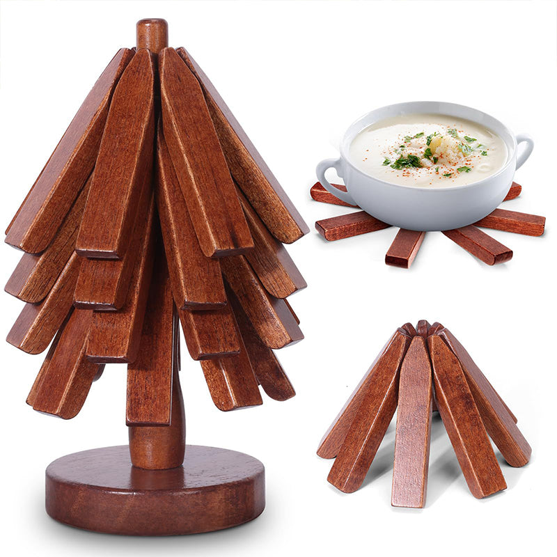 A set of tree - shaped wooden items including 4 trivets for hot dishes, pots, and pans, along with 1 stand. - V.I.P Digital Presence