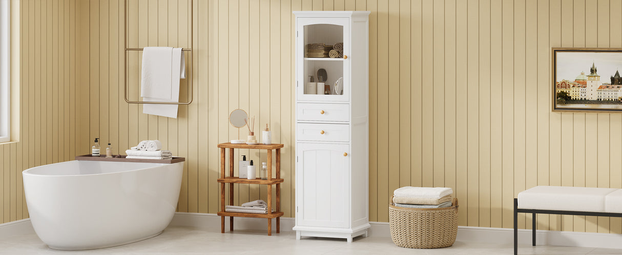 High bathroom storage cabinet with glass door, freestanding, two drawers and adjustable shelves, MDF board, painted white - V.I.P Digital Presence