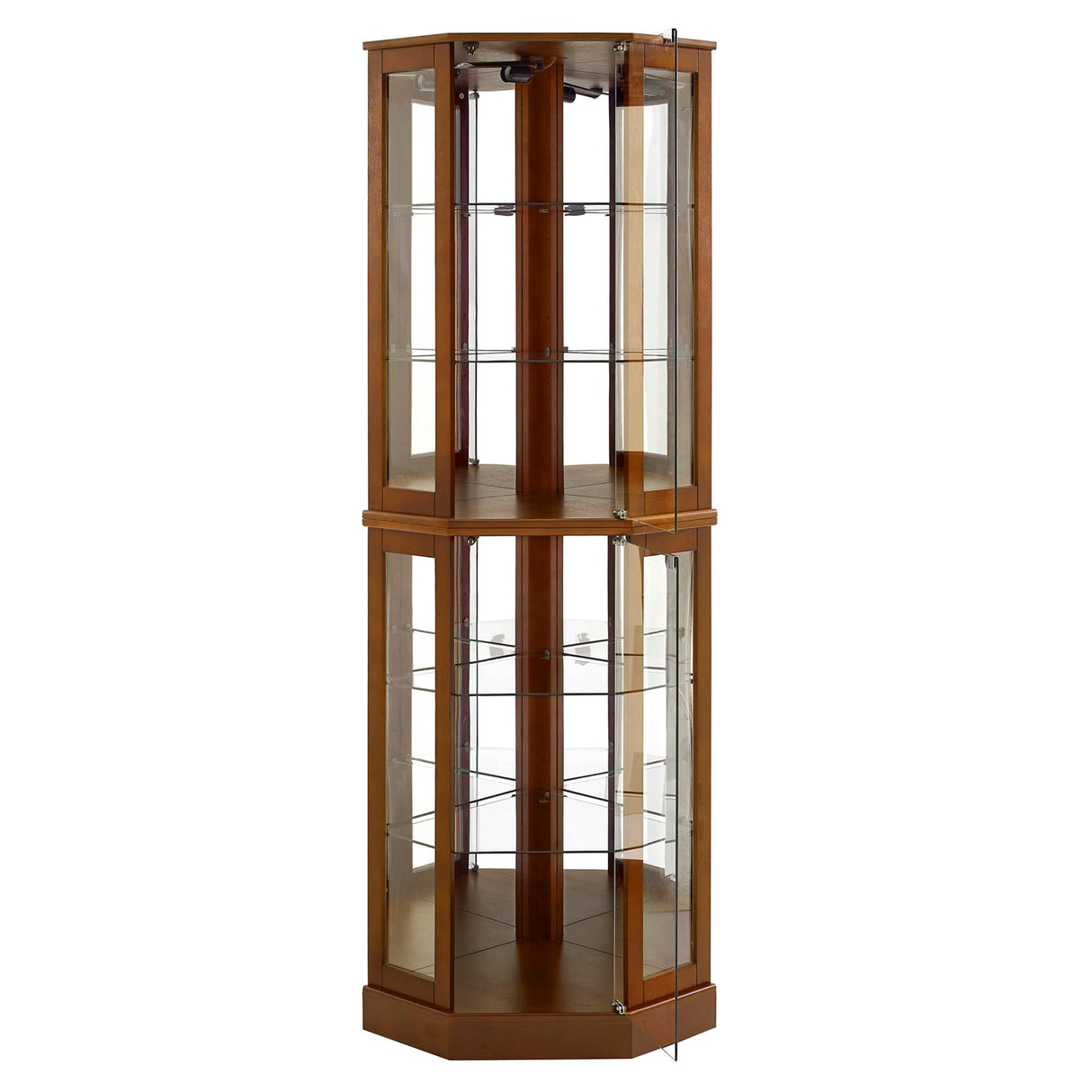 6 shelves corner Curio display cabinet with light mirror and adjustable shelves, walnut wood (excluding E26 light bulbs) - V.I.P Digital Presence
