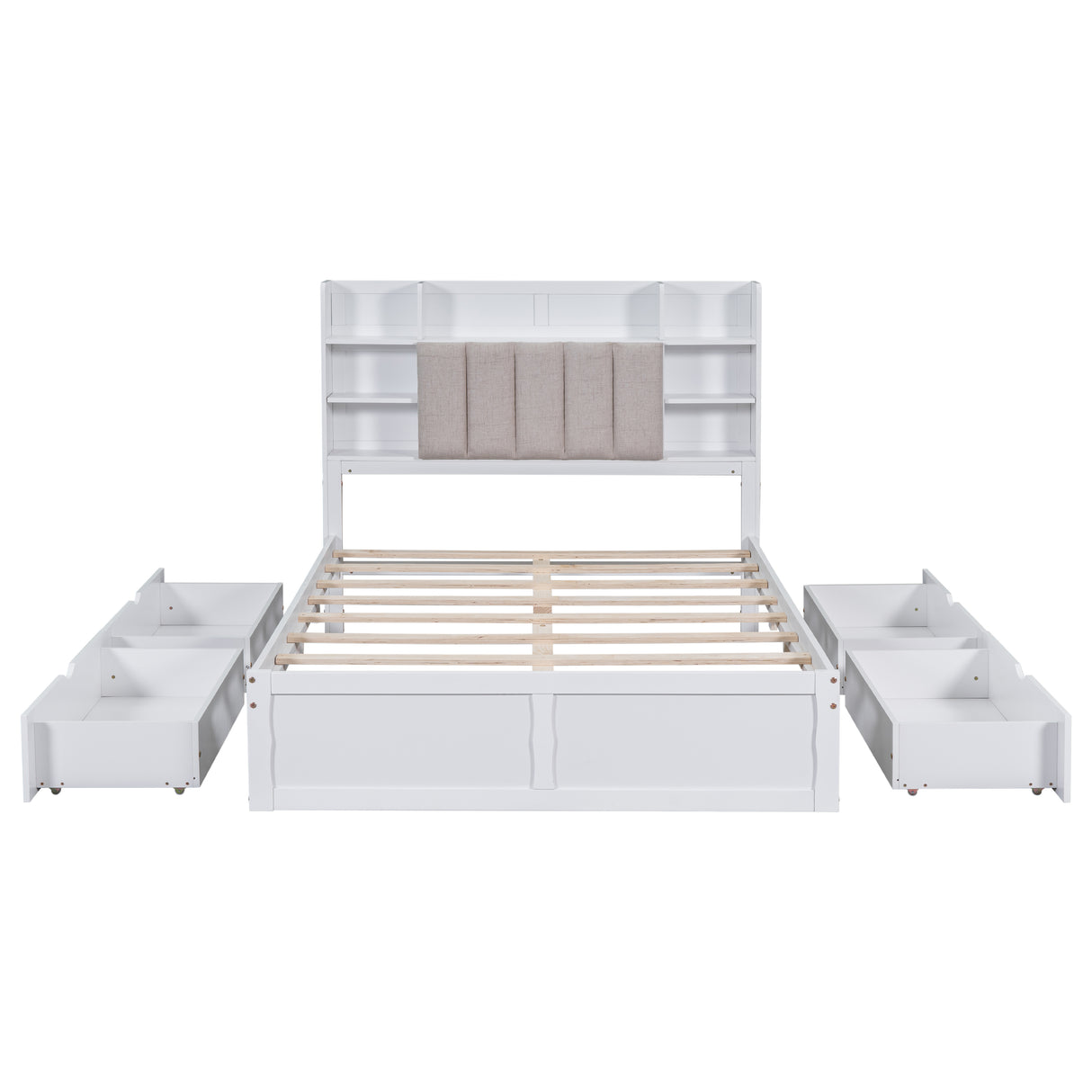 Multi-functional Full Size Bed Frame with 4 Under-bed Portable Storage Drawers and Multi-tier Bedside Storage Shelves White
