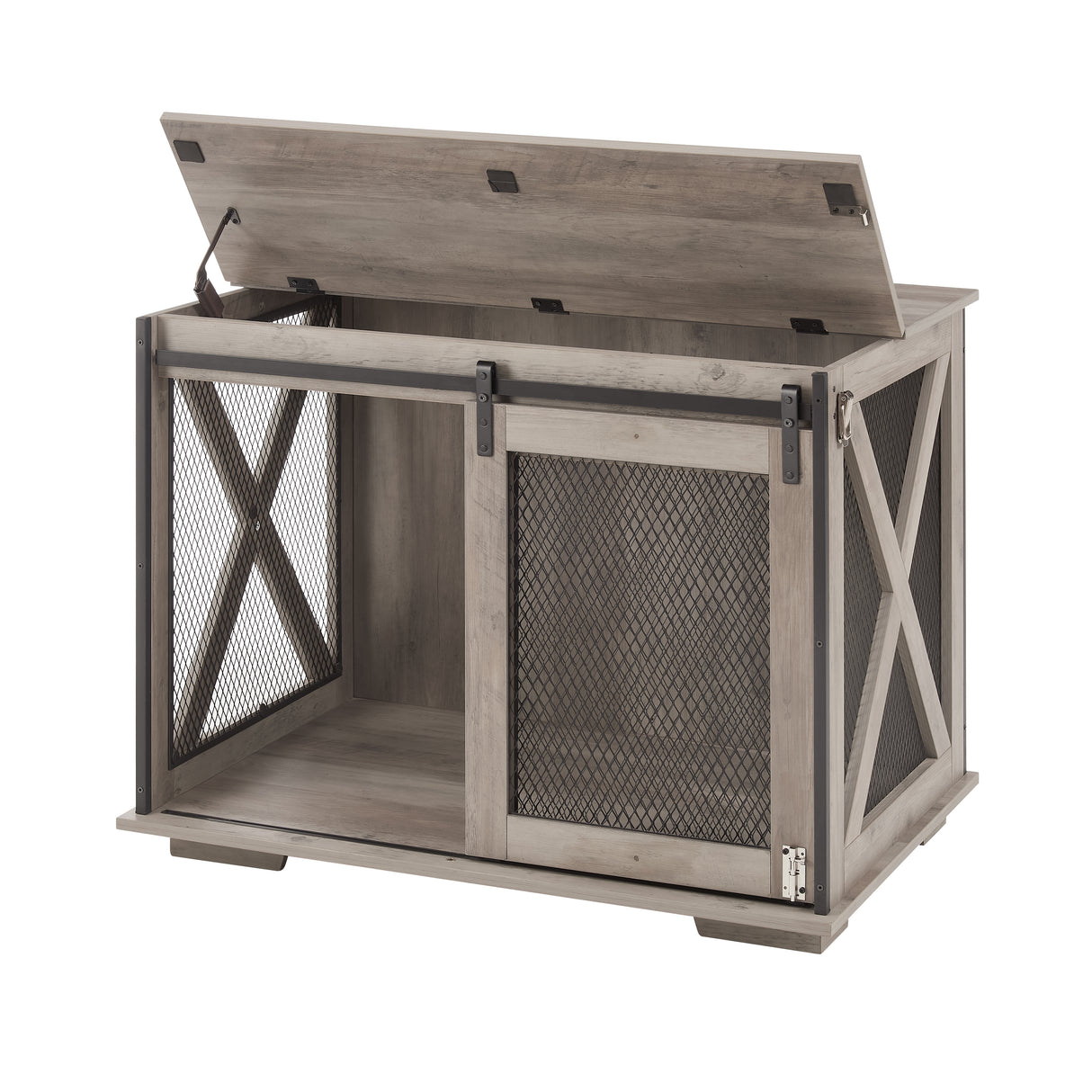 Farmhouse Dog Cage Crate Furniture with Sliding Barn Door, Farmhouse Wooden Dog Kennel End Table with Flip-top Plate Dog House - V.I.P Digital Presence