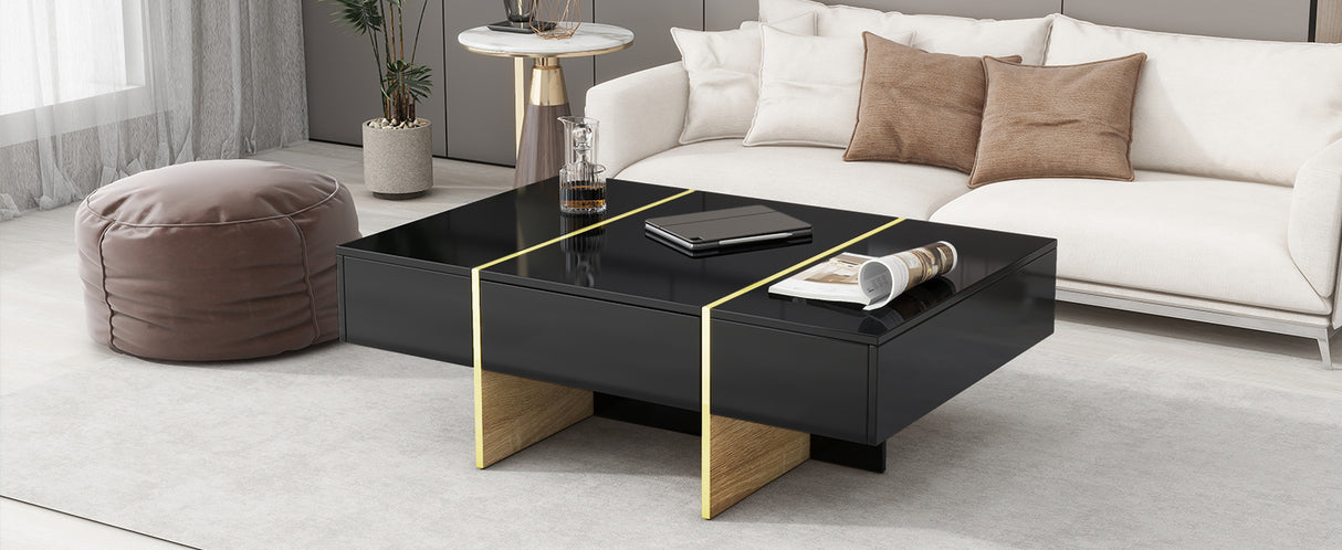 ON-TRANS 47.2 inch x 31.4 inch multifunctional rectangular sofa table with 2 drawers and gold wood grain leg center table, black - V.I.P Digital Presence