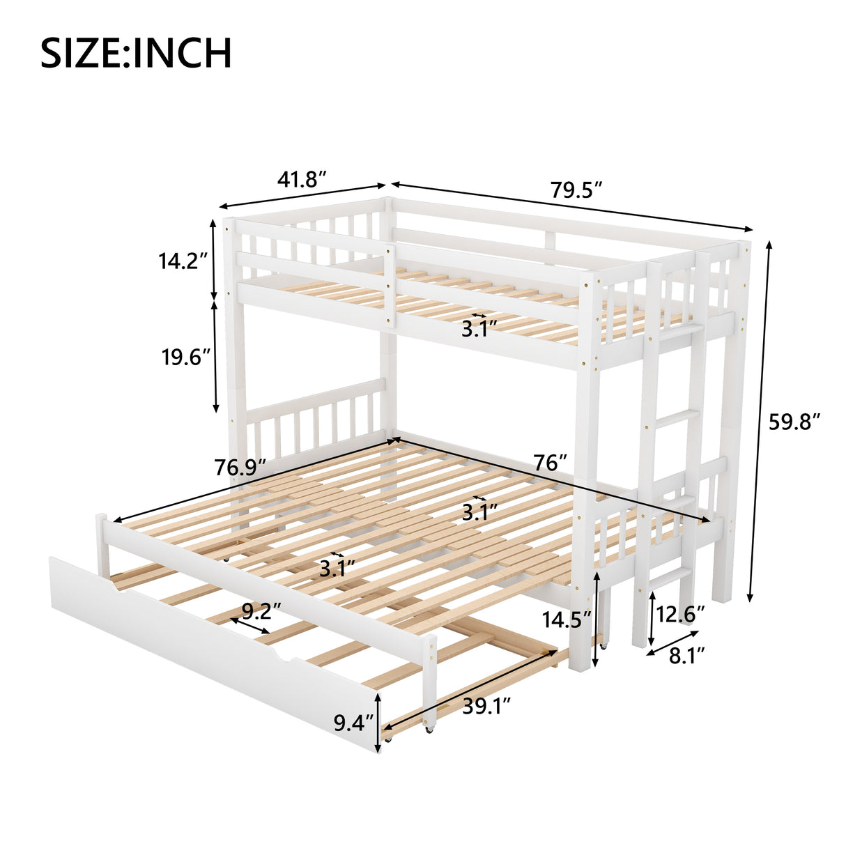 Twin over Pull-out Bunk Bed with Trundle White