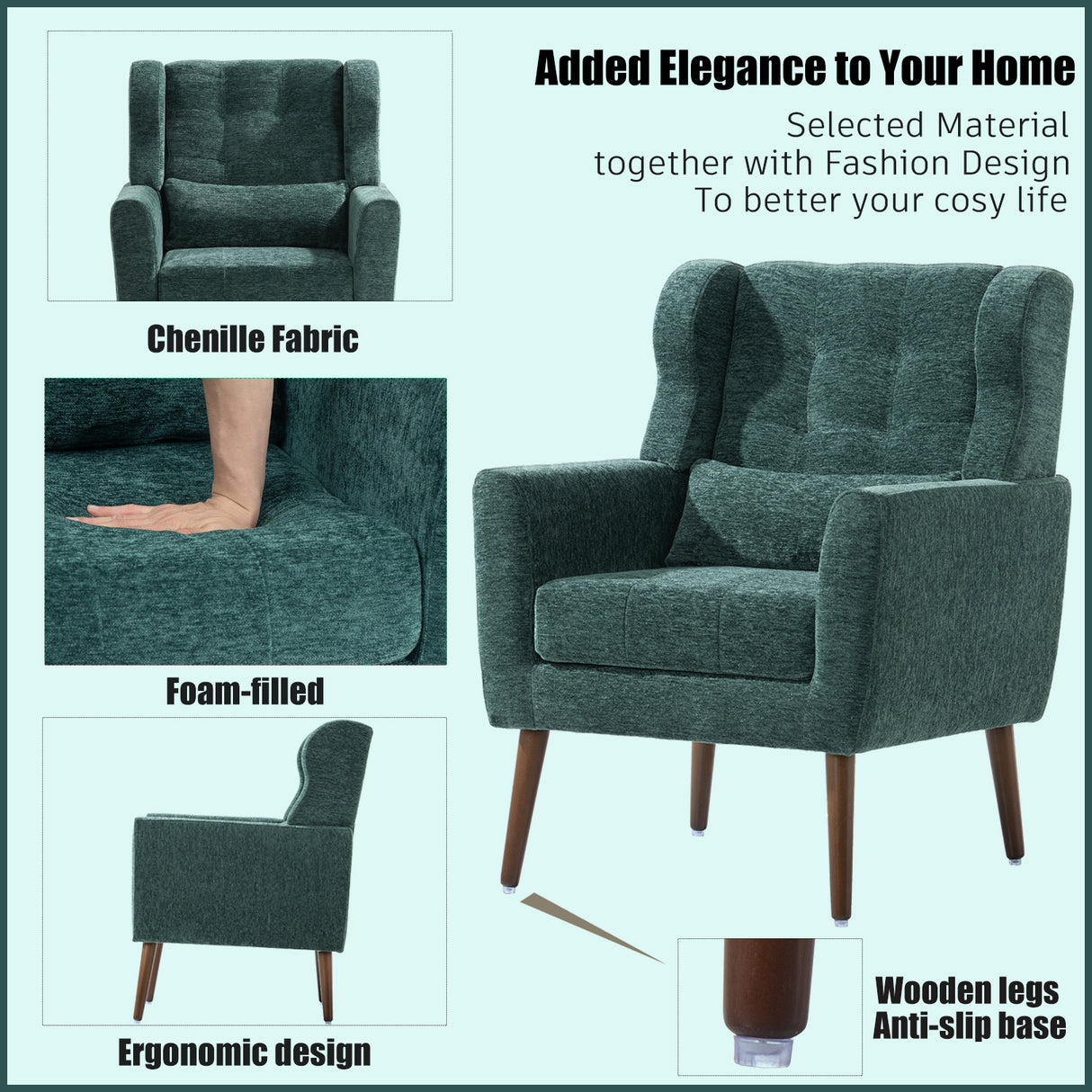 Modern Accent Chair Upholstered Foam Filled Living Room Chairs Comfy Reading Chair Mid Century Modern Chair (Blackish Green) - V.I.P Digital Presence