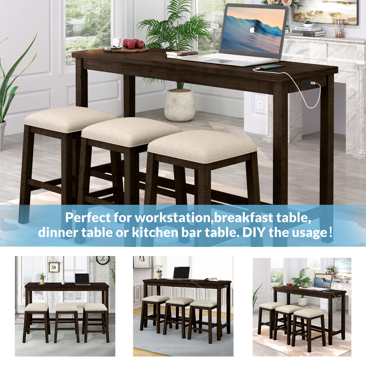 TOPMAX 4 Pieces Counter Height Table with Fabric Padded Stools, Rustic Bar Dining Set with Socket, Brown - V.I.P Digital Presence