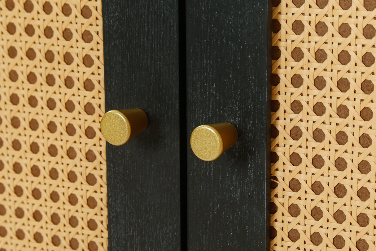 Handcrafted Premium Grain Panels Rattan Sideboard Buffer Cabinet Accent Storage Cabinet With 4 Rattan Doors BLACK - V.I.P Digital Presence