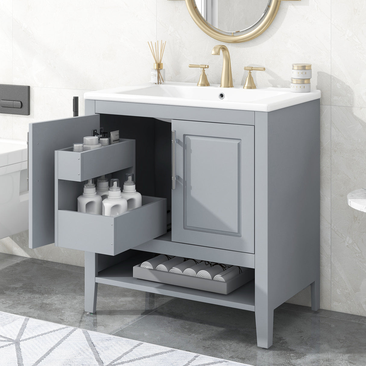 30" Bathroom Vanity with Sink, Multi-functional Bathroom Cabinet with Doors and Drawers, Solid Frame and MDF Board, Grey - V.I.P Digital Presence