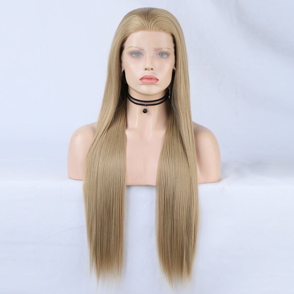 Linen Lace Front Wig Ombre Synthetic Hair Wig Middle Part Highlight Wig Long Straight Hair - V.I.P Digital Presence