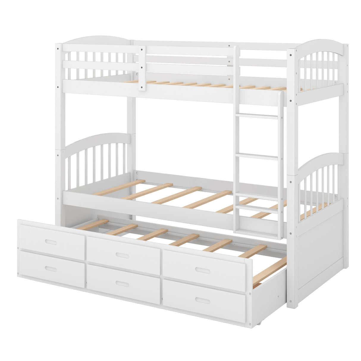 Twin over Twin Wood Bunk Bed with Trundle and Drawers White