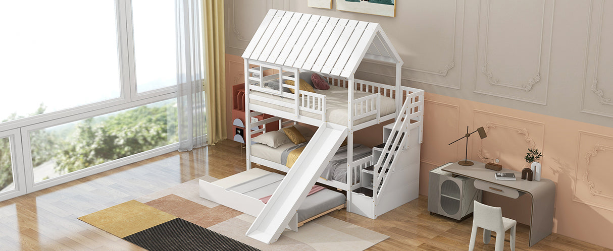 Twin over Twin House Bunk Bed with Trundle and Slide Storage Staircase Roof and Window Design White