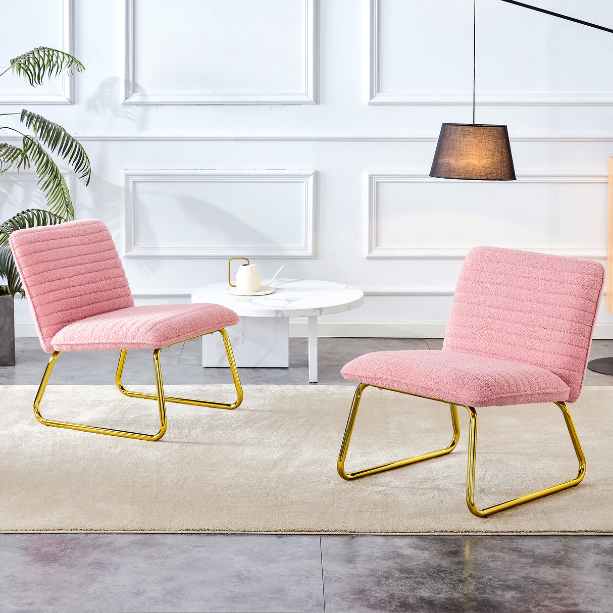Modern minimalist pink plush fabric single person sofa chair with golden metal legs