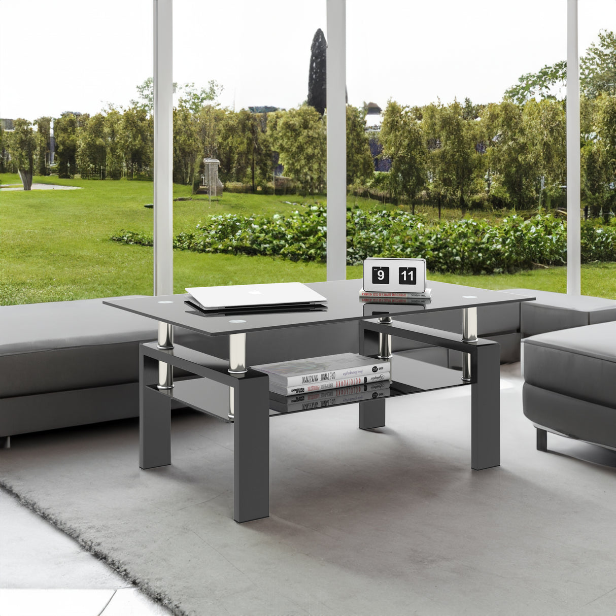 Set of 2, Modern Tempered Glass Tea Table Coffee Table End Table, Square Table for Living Room, Black - V.I.P Digital Presence