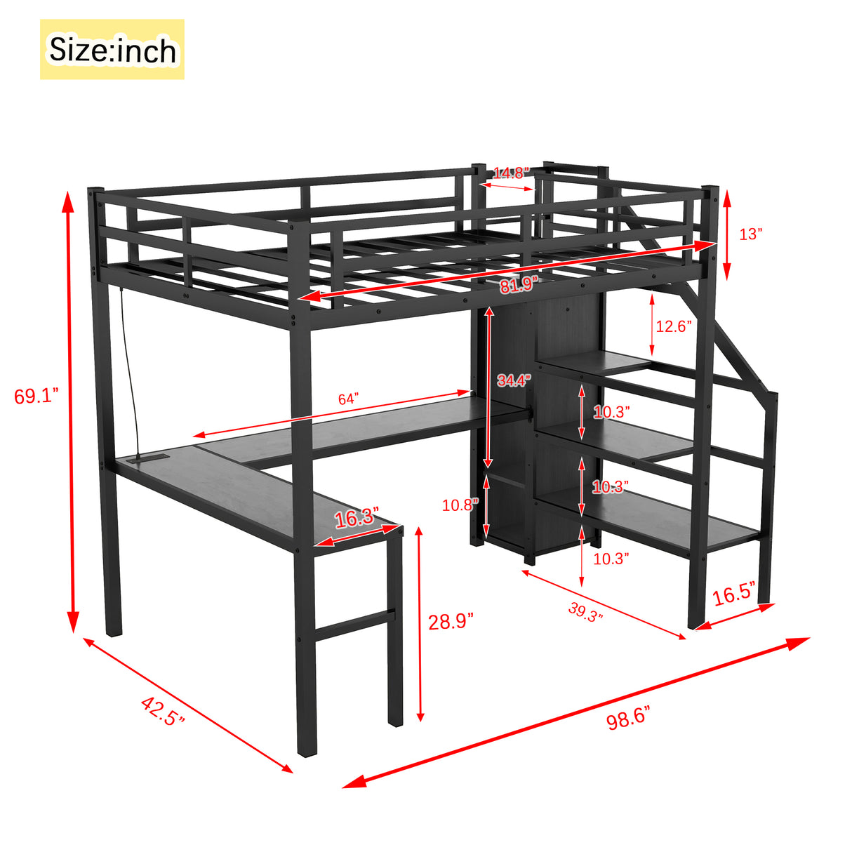 Twin XL loft bed with L-shaped desk and USB, metal loft bed with wardrobe and adjustable shelf, LED loft bed, black - V.I.P Digital Presence