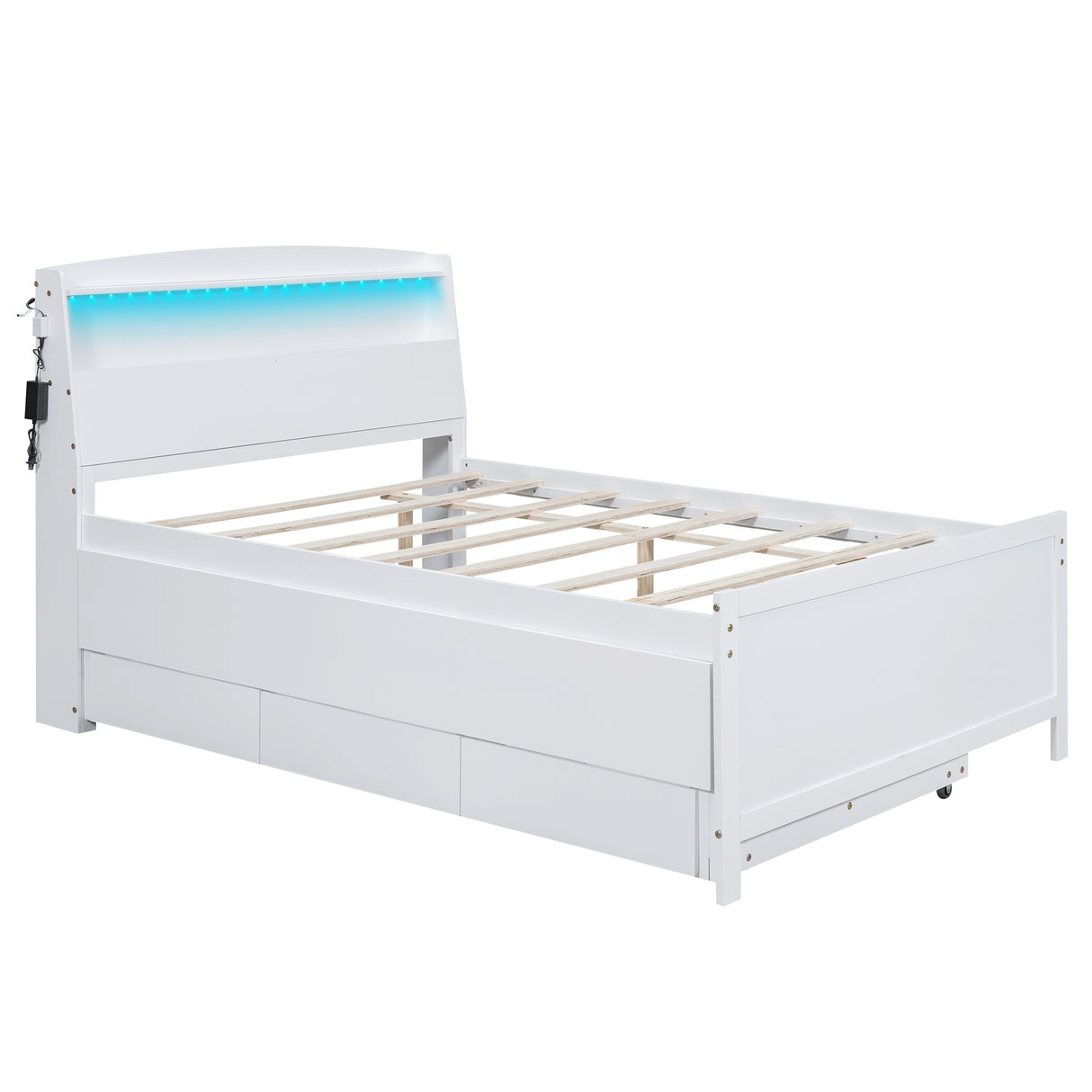 Full Size Platform Bed with Storage LED Headboard Twin Size Trundle and 3 Drawers White