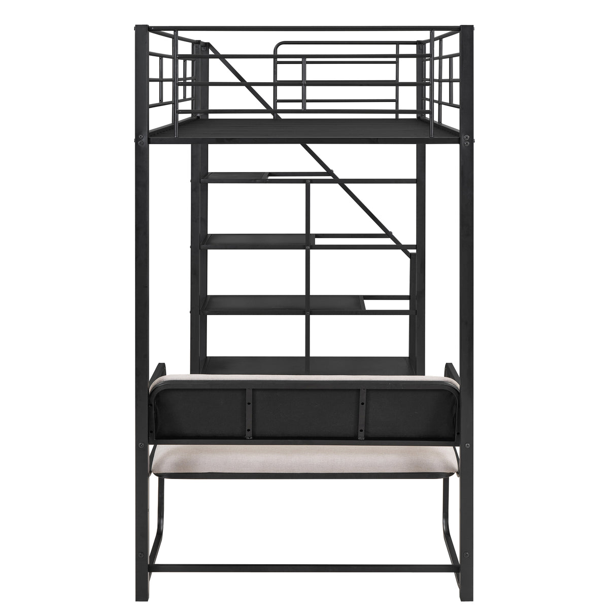 Twin Size Metal Loft Bed with Bench and Storage Staircase Black