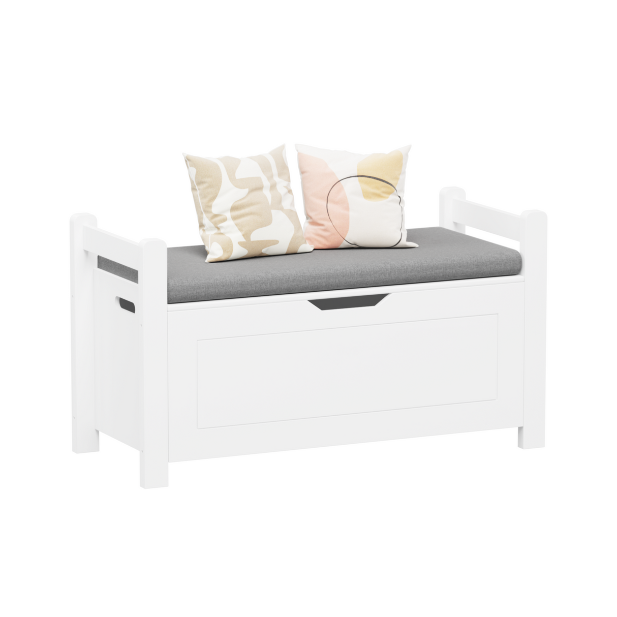 A white rubber wood children's toy box with soft cushioned seats, stools, flip covers, and safety hinges for toy storage