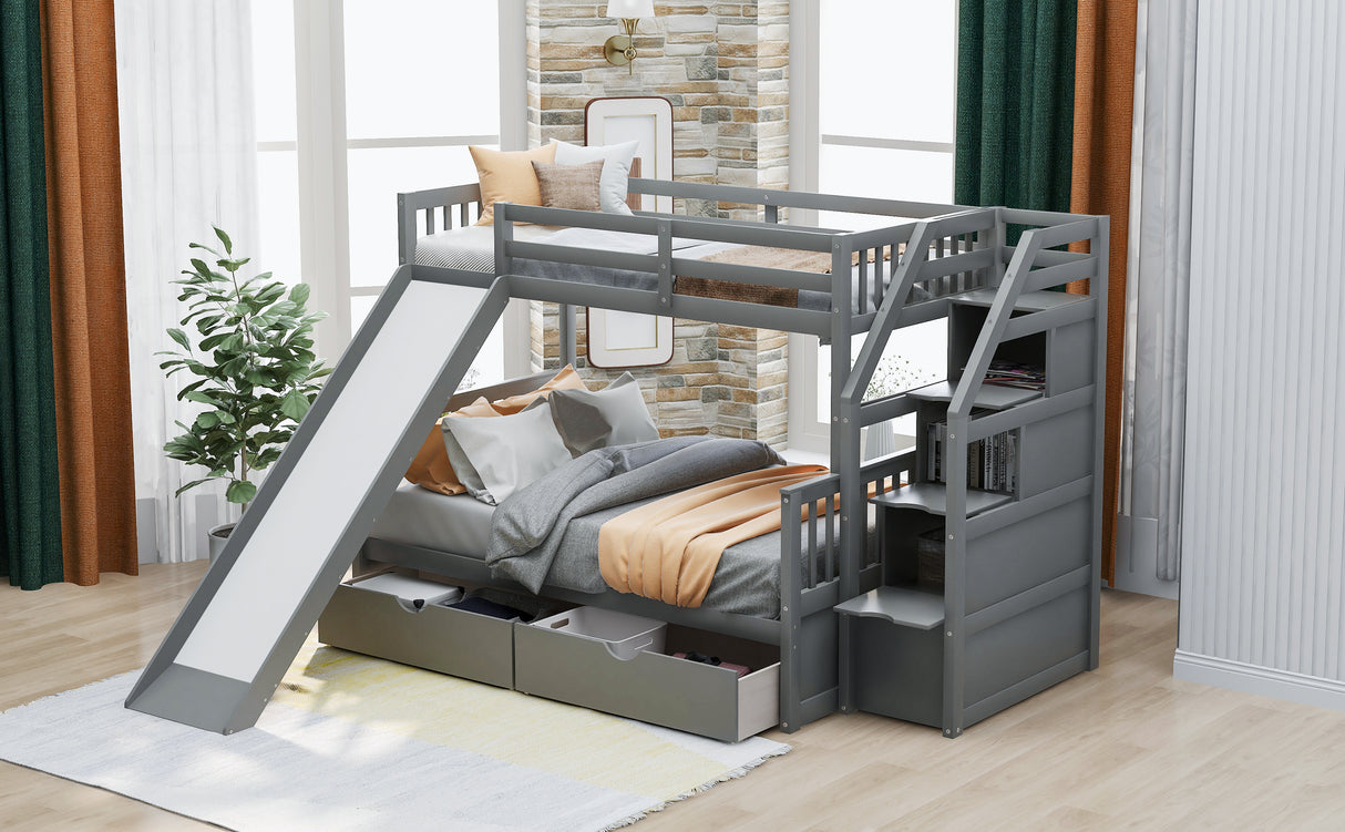 Twin over Full Bunk Bed with Drawers Storage and Slide Multifunction Gray