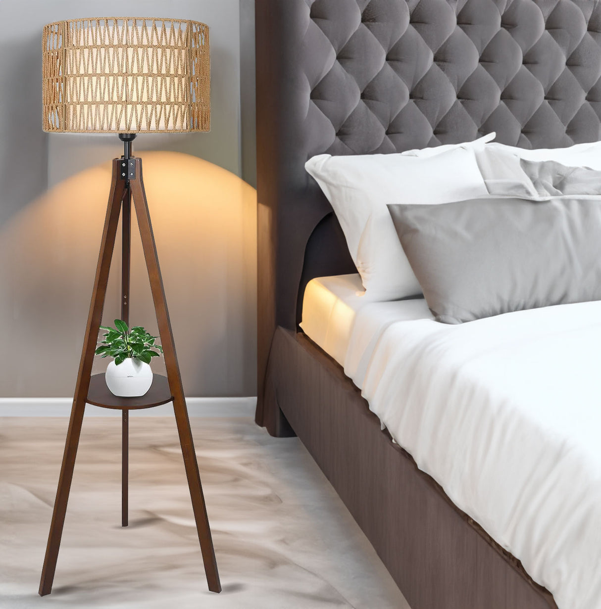 Boho Tripod Floor Lamp with Shelves, Mid Century Wood Standing Lamp with Rattan & Fabric Shades, ON/Off Foot Switch Office - V.I.P Digital Presence