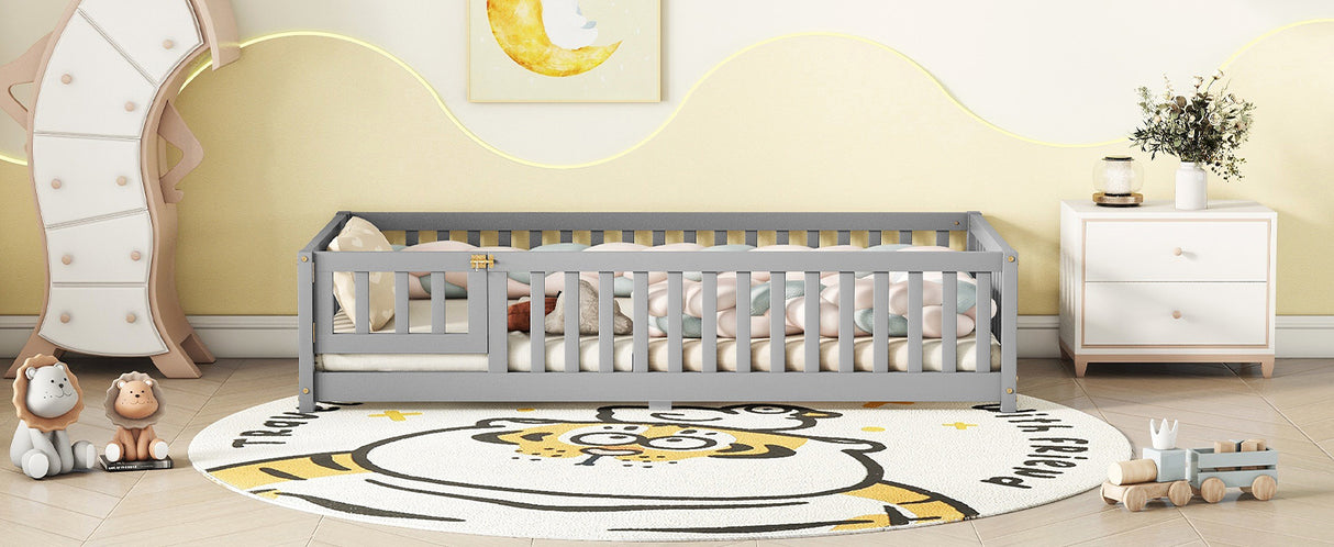 Twin Size Bed Floor Bed with Safety Guardrails and Door for Kids, Gray - V.I.P Digital Presence