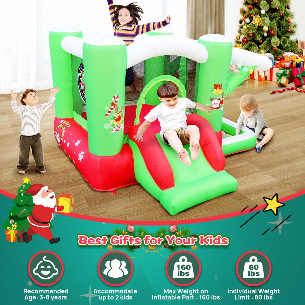 Christmas Jump 'n Slide Inflatable Bouncer for Kids Complete Setup with Blower - 80" x 91" Play Area - 55" Tall - V.I.P Digital Presence