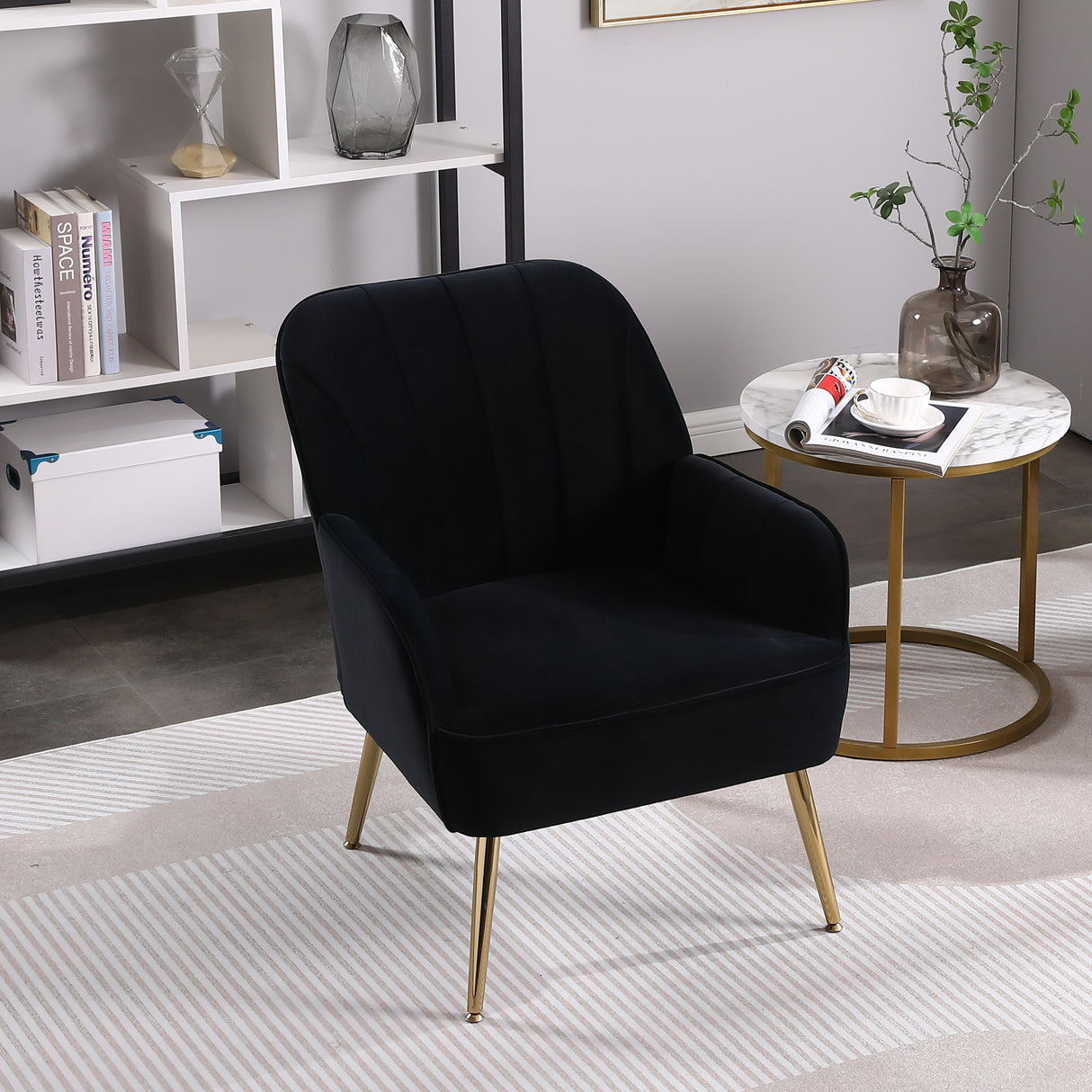 Modern Mid Century Chair velvet Sherpa Armchair for Living Room Bedroom Office Easy Assemble(NAVY) - V.I.P Digital Presence