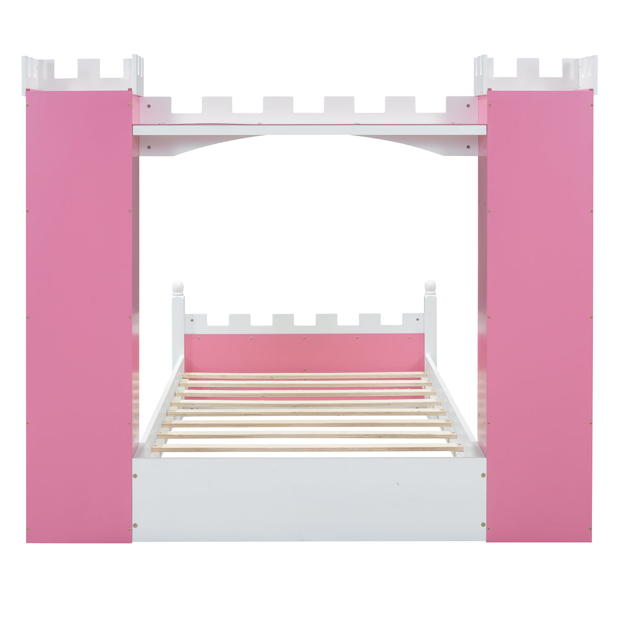 Castle-Shaped Wooden Bed with Storage Shelf, Dreamy Twin Size Platform Bed for Kids Bedroom, Pink+ White - V.I.P Digital Presence