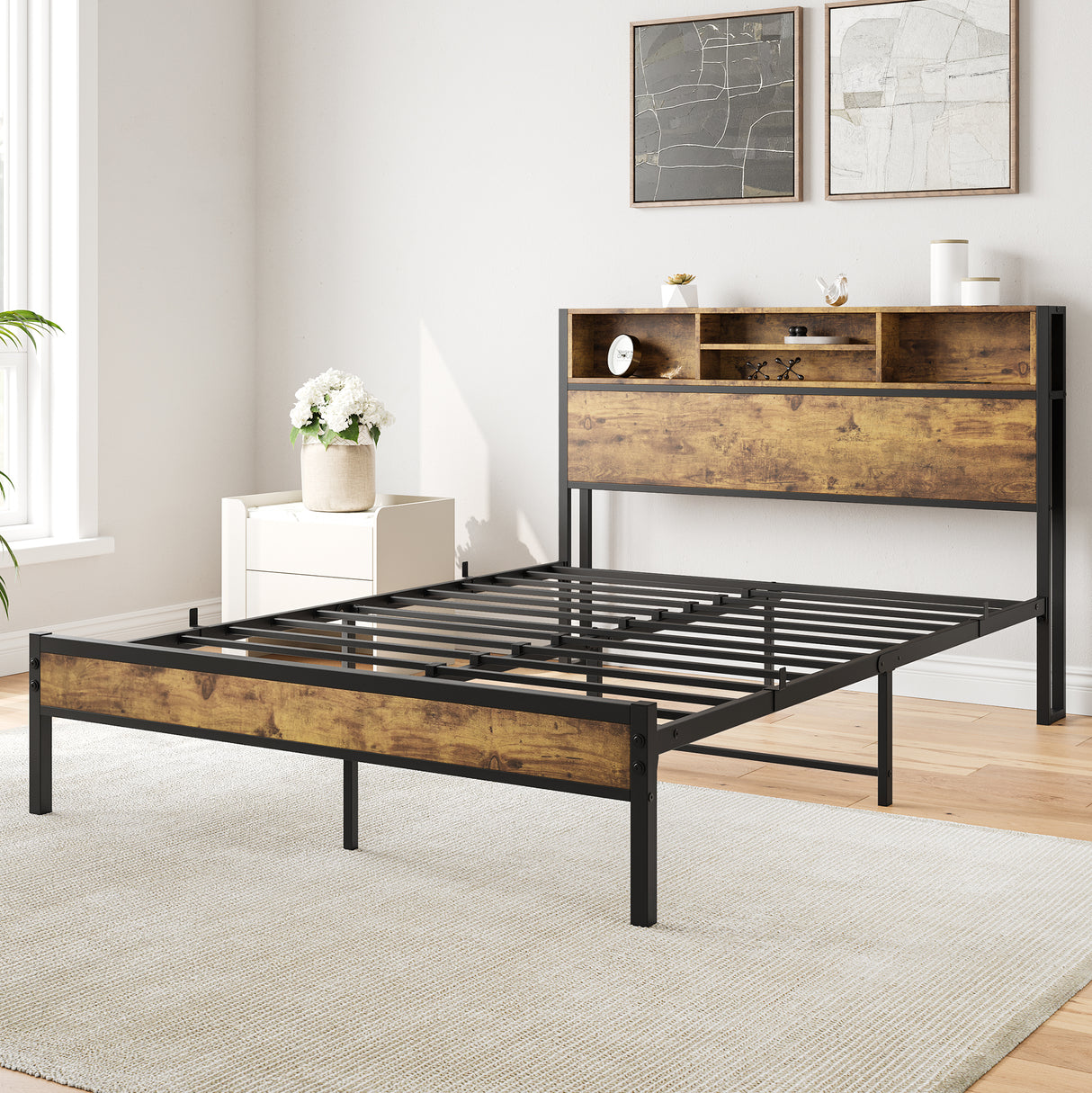 Full Size Bed Frame with Storage Headboard Metal Platform Bed with Charging Station Black - V.I.P Digital Presence