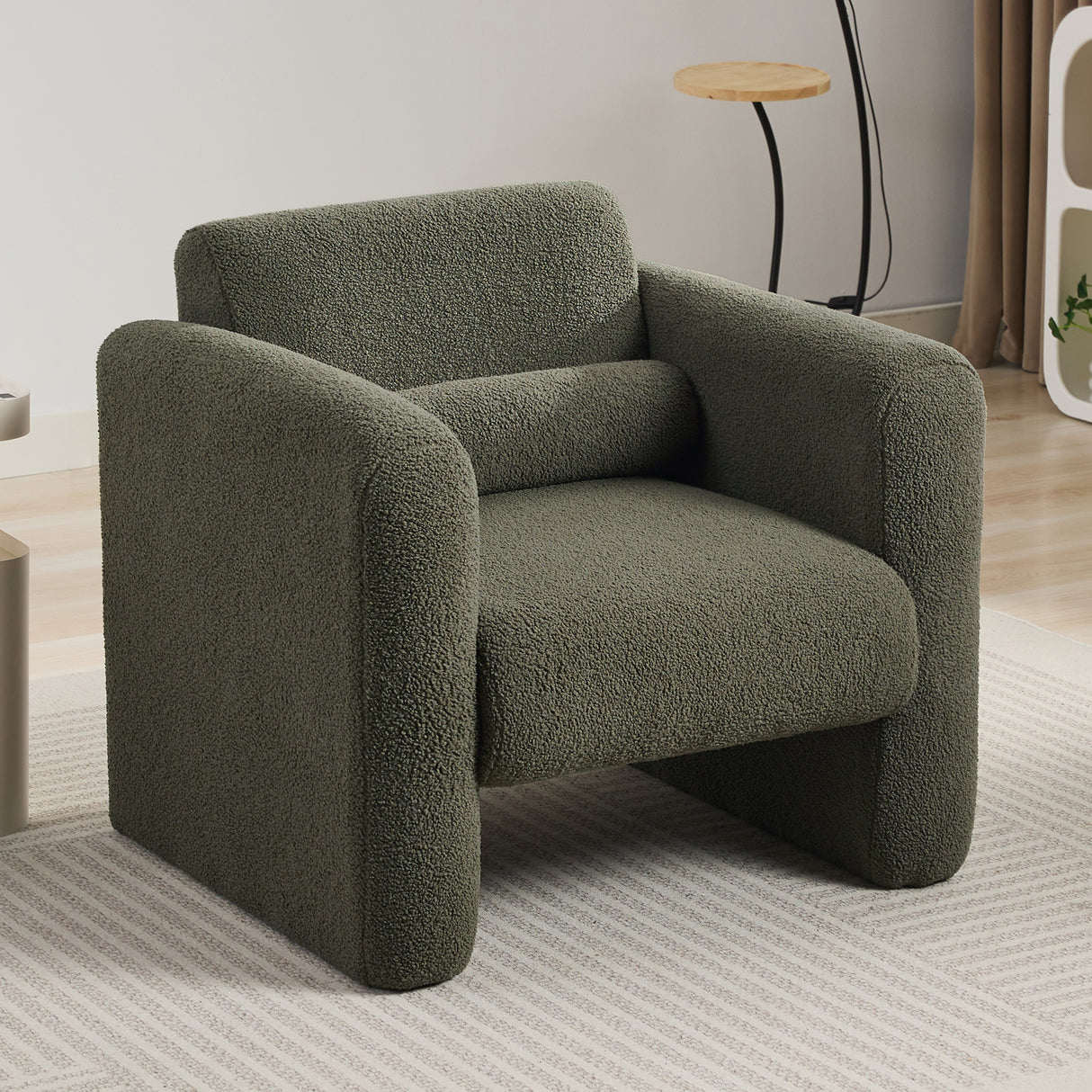 Modern style chair with sheepskin Sherpa fabric soft cushion, comfortable armchair, soft with backrest and pillow, seaweed green - V.I.P Digital Presence