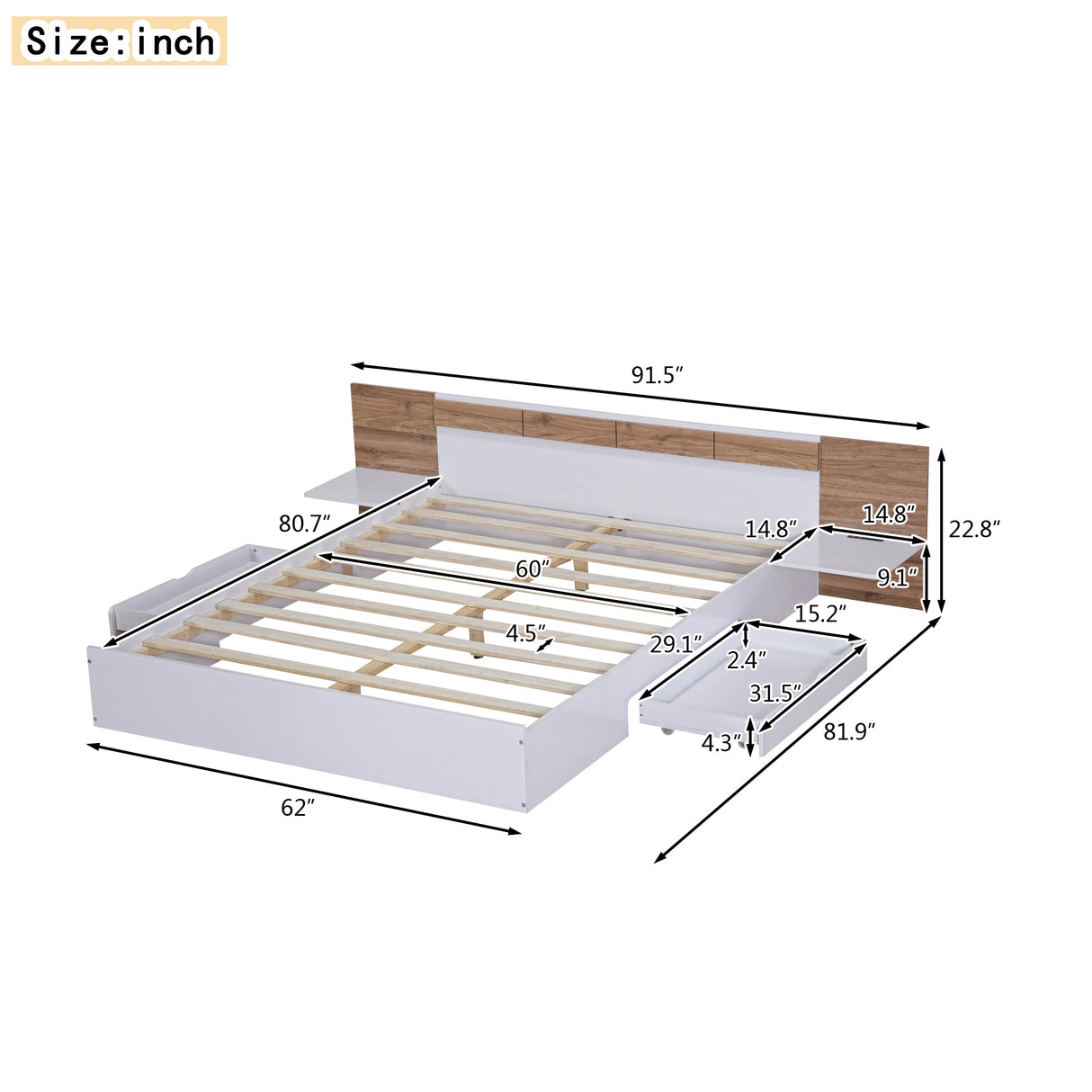 Queen Size Platform Bed with Headboard, Drawers, Shelves, USB Ports and Sockets White