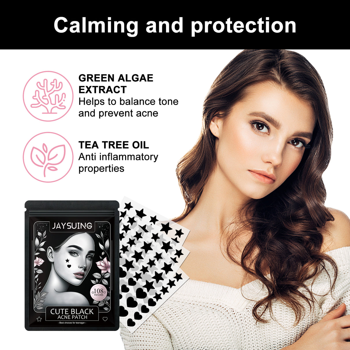 JAYSUING Cute Black Acne Patch, Facial Acne Lightening Repair Acne Closing Acne Mark Blackhead Removal