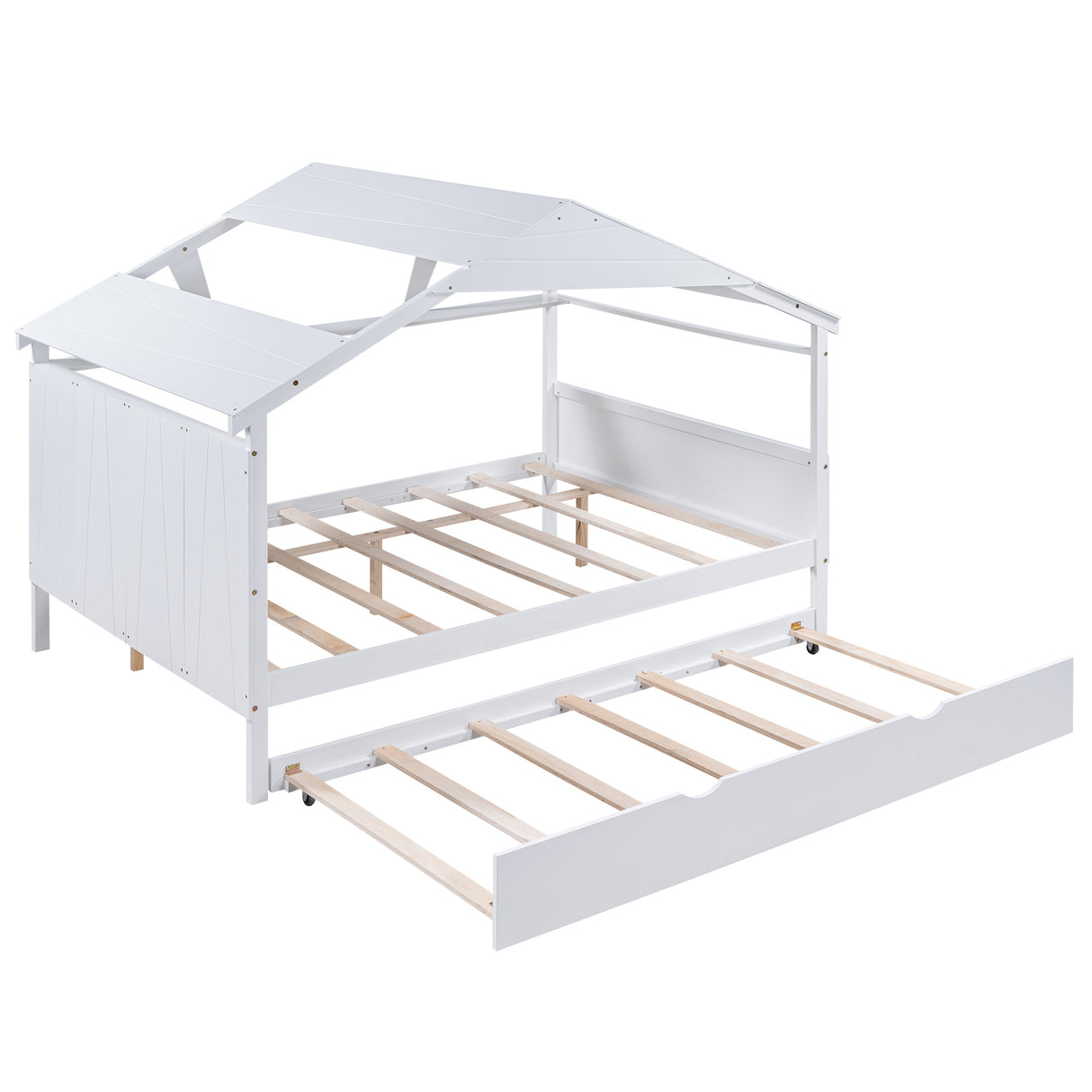 Wood Full Size House Bed with Twin Size Trundle and Storage White