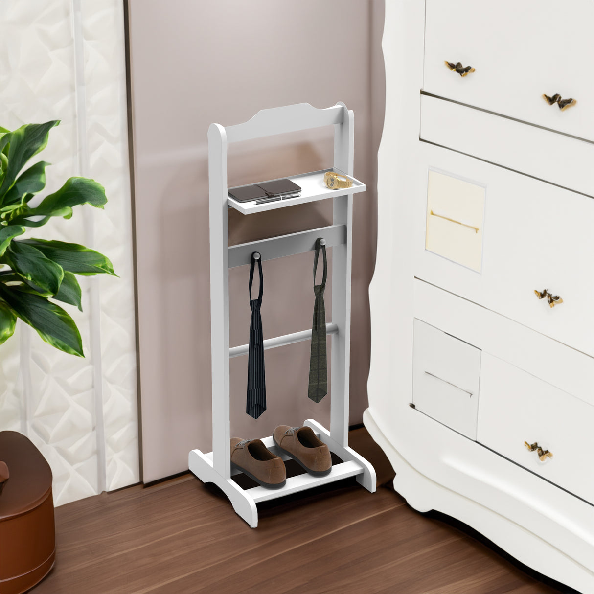 Accent Portable Garment Rack,Clothes Valet Stand with Storage Organizer,White Finish