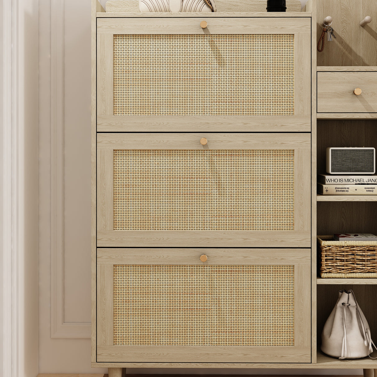 Natural Bohemian style shoe cabinet with 3 rattan flip drawers, 3 square shelves, and 1 storage drawer, Natural - V.I.P Digital Presence