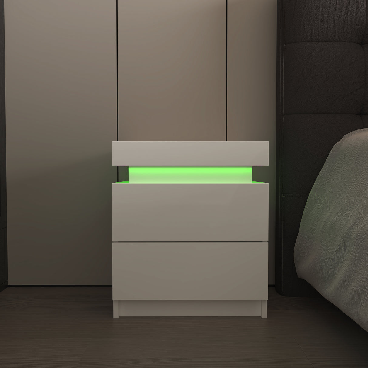 Modern white Nightstand With 2 Storage Drawers,Led Lights, End Table For Bedroom Furniture - V.I.P Digital Presence