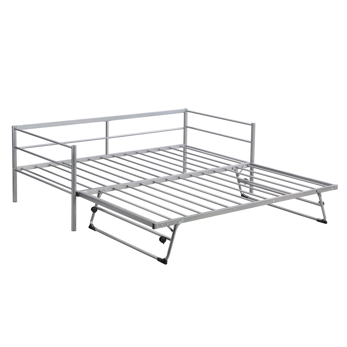 Twin Size Metal Daybed with Adjustable Trundle Pop Up Trundle Silver