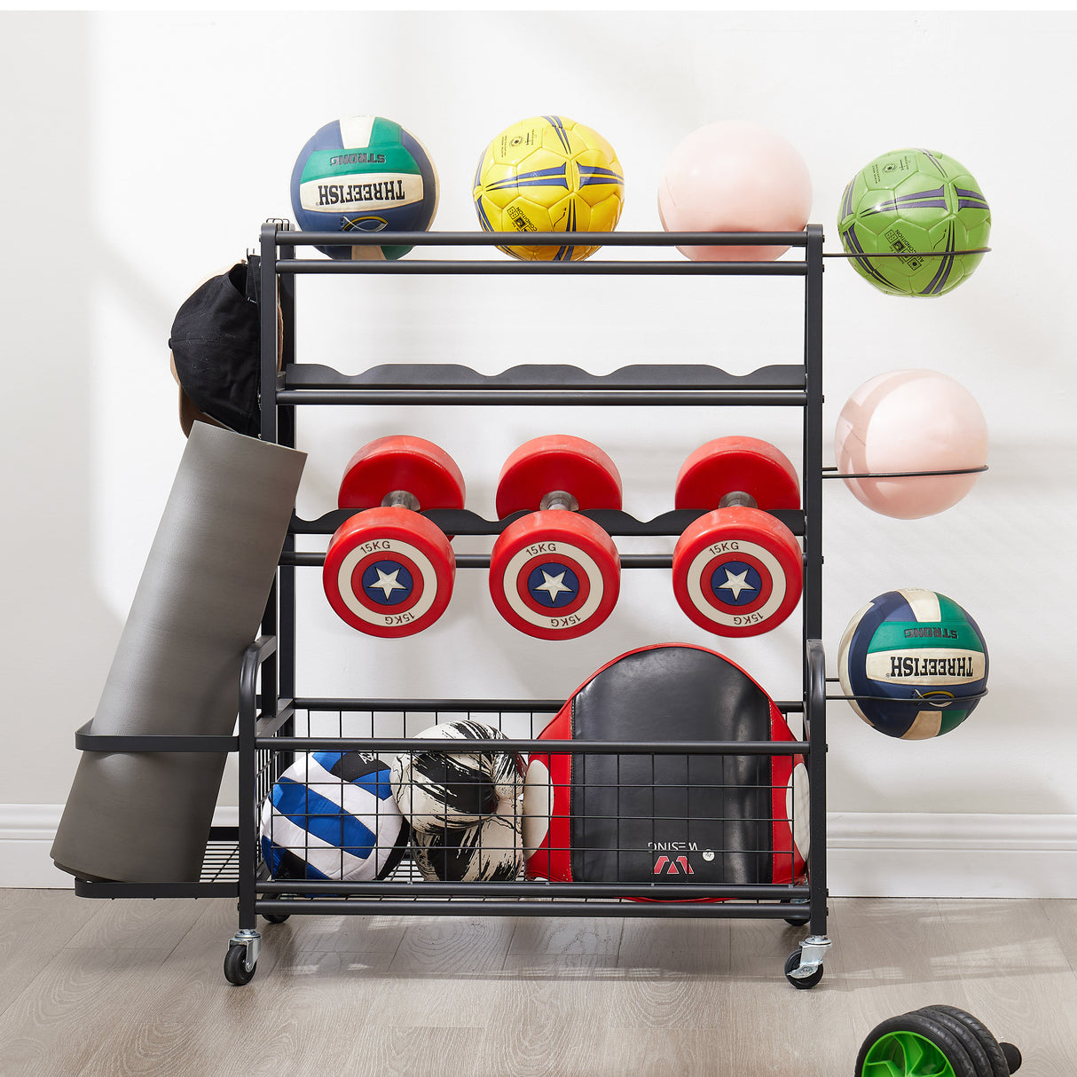 Four layer metal storage rack, large ball storage rack with rollers, baskets, and hooks - V.I.P Digital Presence