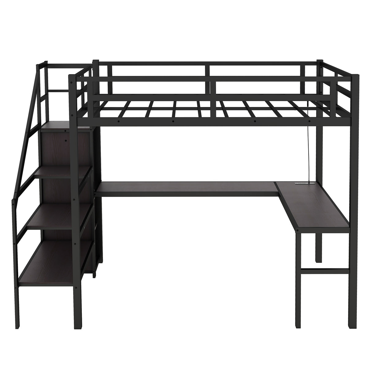 Twin XL loft bed with L-shaped desk and USB, metal loft bed with wardrobe and adjustable shelf, LED loft bed, black - V.I.P Digital Presence