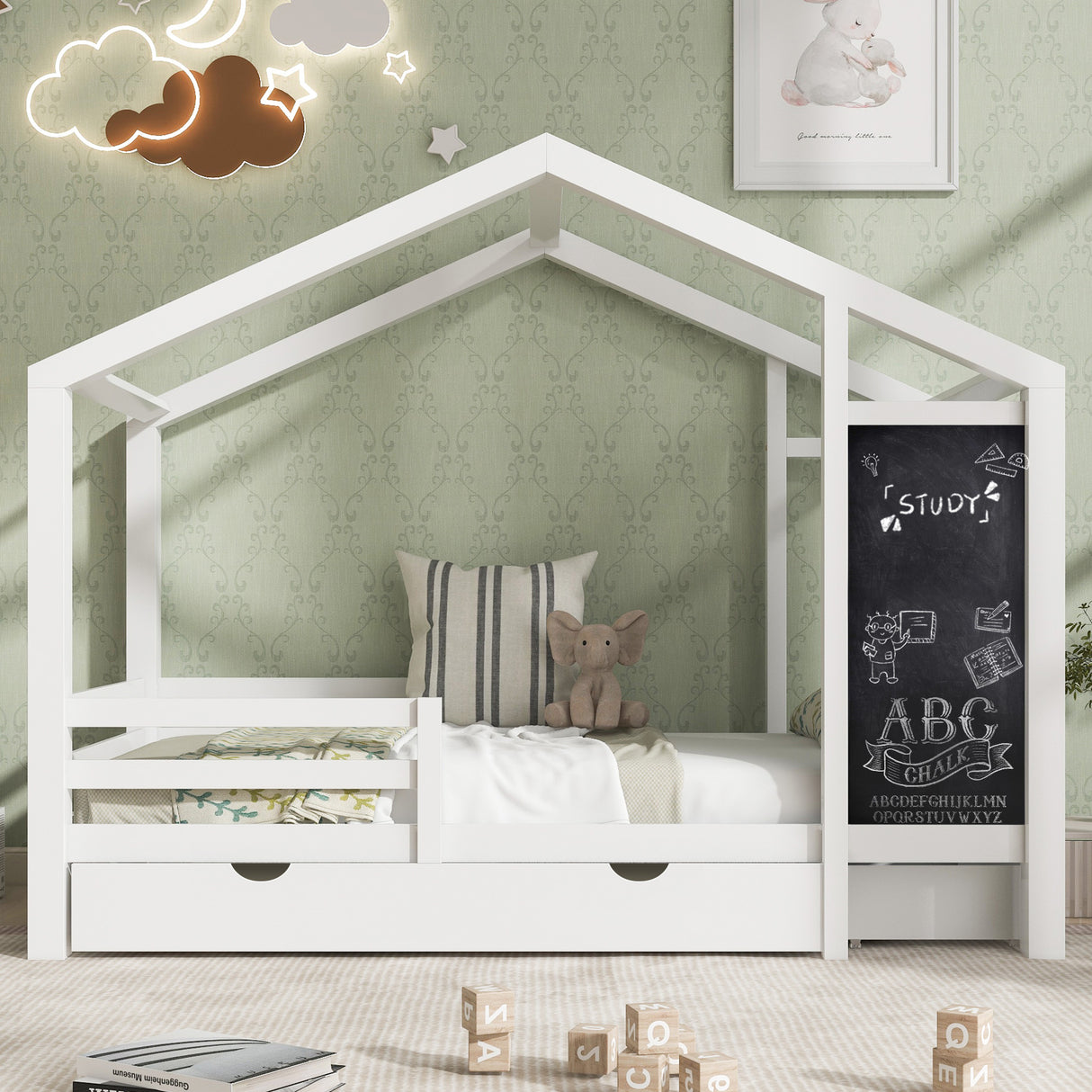 Full House Bed with Blackboard and Drawers Two assembly options White - V.I.P Digital Presence
